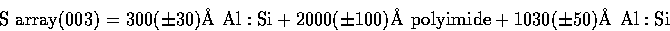 \begin{displaymath}
{\rm S~array (003)} = 
300 (\pm 30) {\rm \AA\ Al:Si} + 2000 (\pm 100) {\rm \AA\ polyimide} + 
1030 (\pm 50) {\rm \AA\ Al:Si}\end{displaymath}